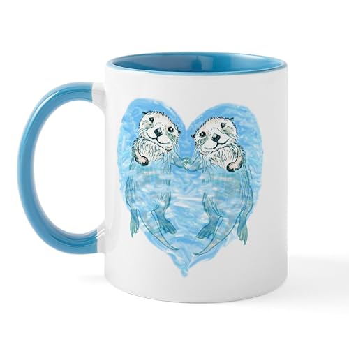 White/Blue Inside - Sea Otters Holding Hands Mug