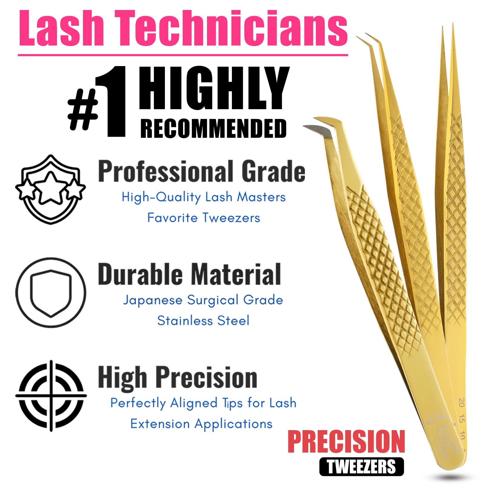 Professional Eyelash Extension Tweezers - 14cm Curved Isolation Tweezers for Classic & Individual Lashes, Japanese Stainless Steel (Gold, 3-Piece Set) | Perfect for Salon Use & DIY Lash Extensions at Home