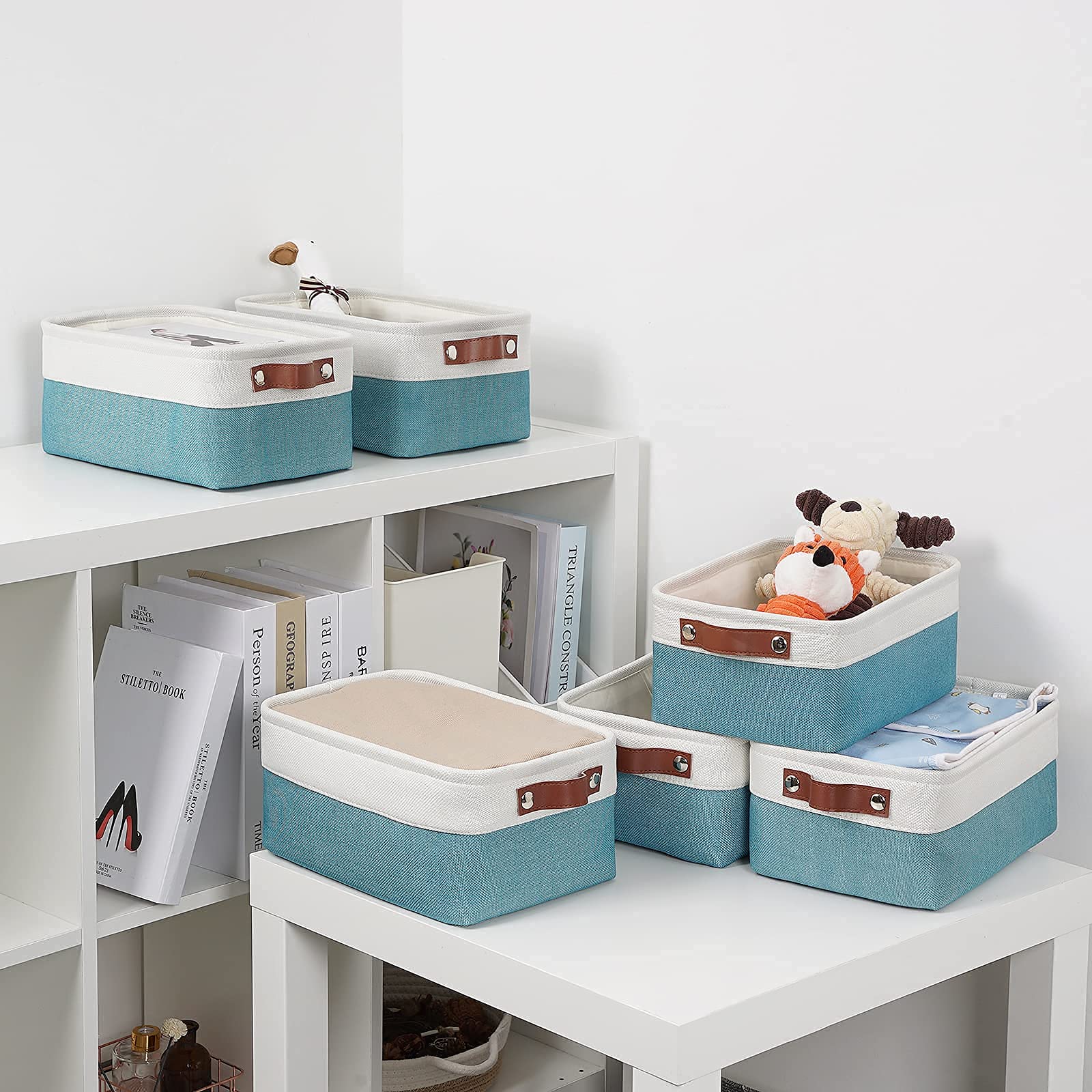 DULLEMELO Collapsible Storage Baskets Set - 3 Medium (15x11x9.5 inches) & 6 Small (11.8x7.9x5.1 inches) Foldable Organizer Bins in White & Teal - Perfect for Home, Office, Closet, Bathroom & Kids Room Organization