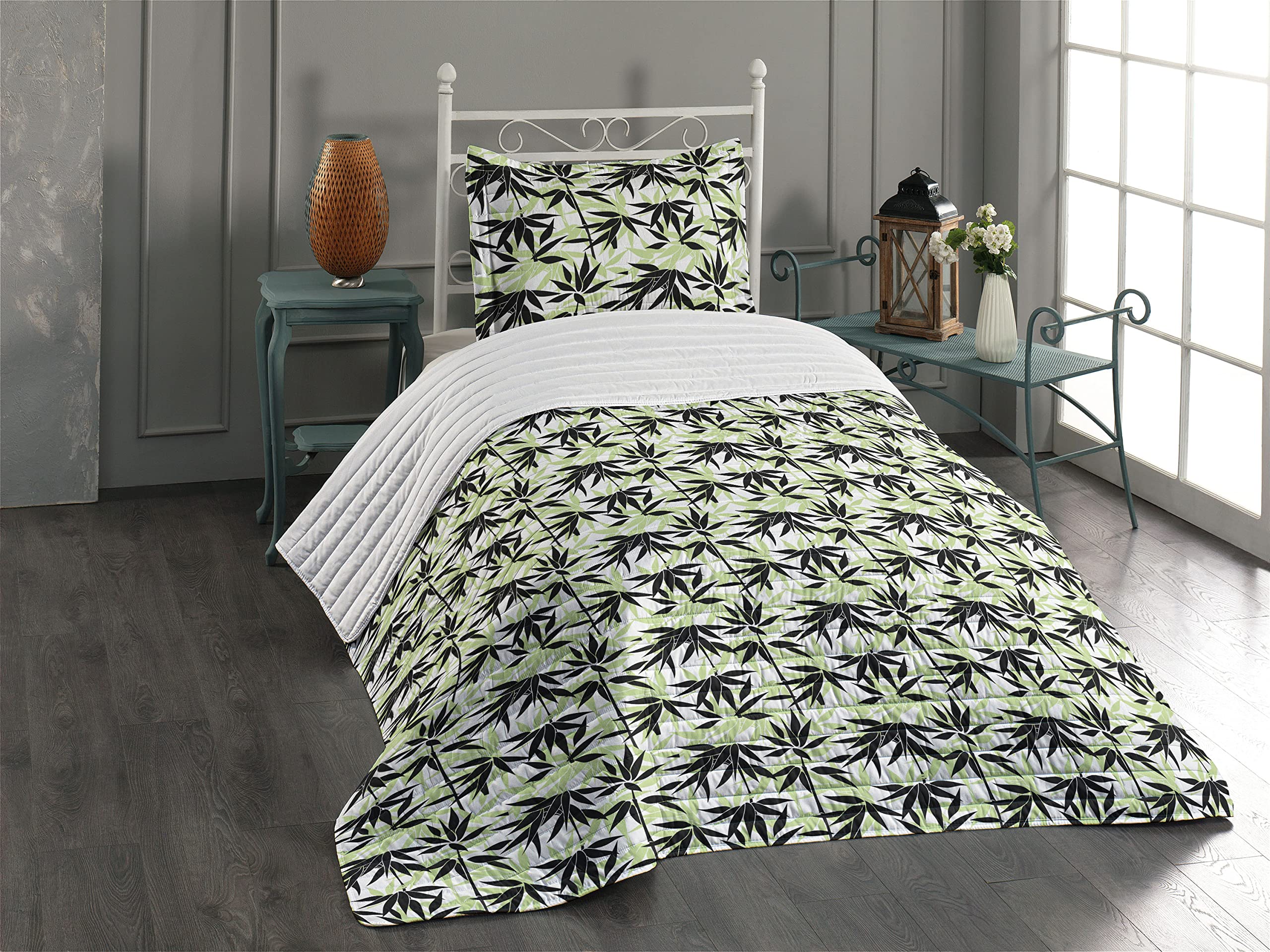Ambesonne East Microfiber Bedspread Set - Chinese Nature Inspired Leaf Print Twin Size Bedding with Pillow Shams & Comforter in Pale Green White | Soft Microfiber for Cozy Bedroom Decor, Guest Room & Dorm Essentials