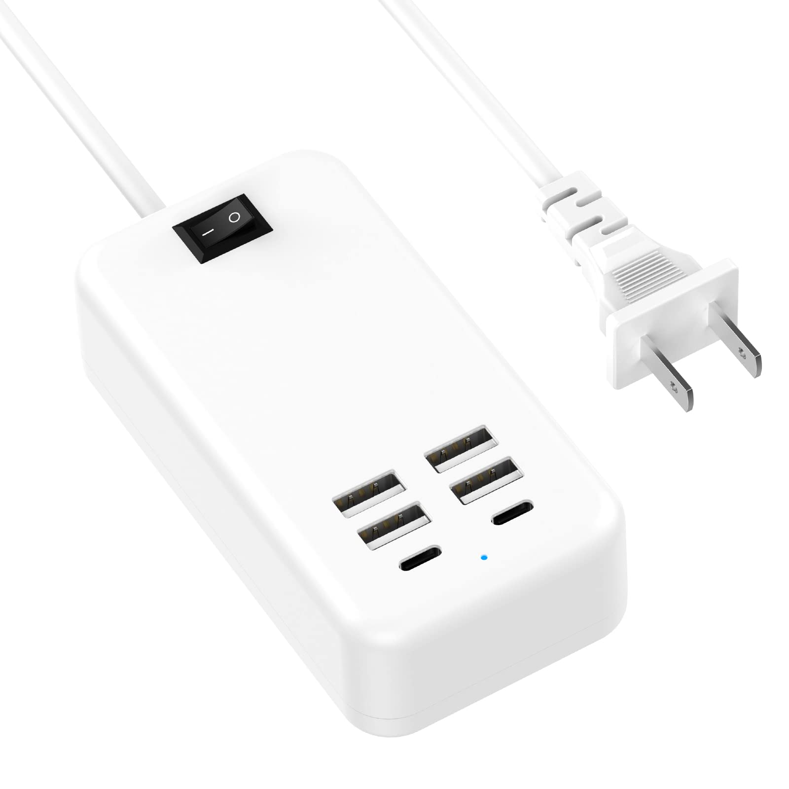 6-Port USB Charging Station with USB-C - Fast Charger Hub for iPhone 14/13 Pro Max, iPad Pro, Galaxy S21, Switch & Multiple Devices | Compact USB Power Strip for Home, Office & Travel (White)