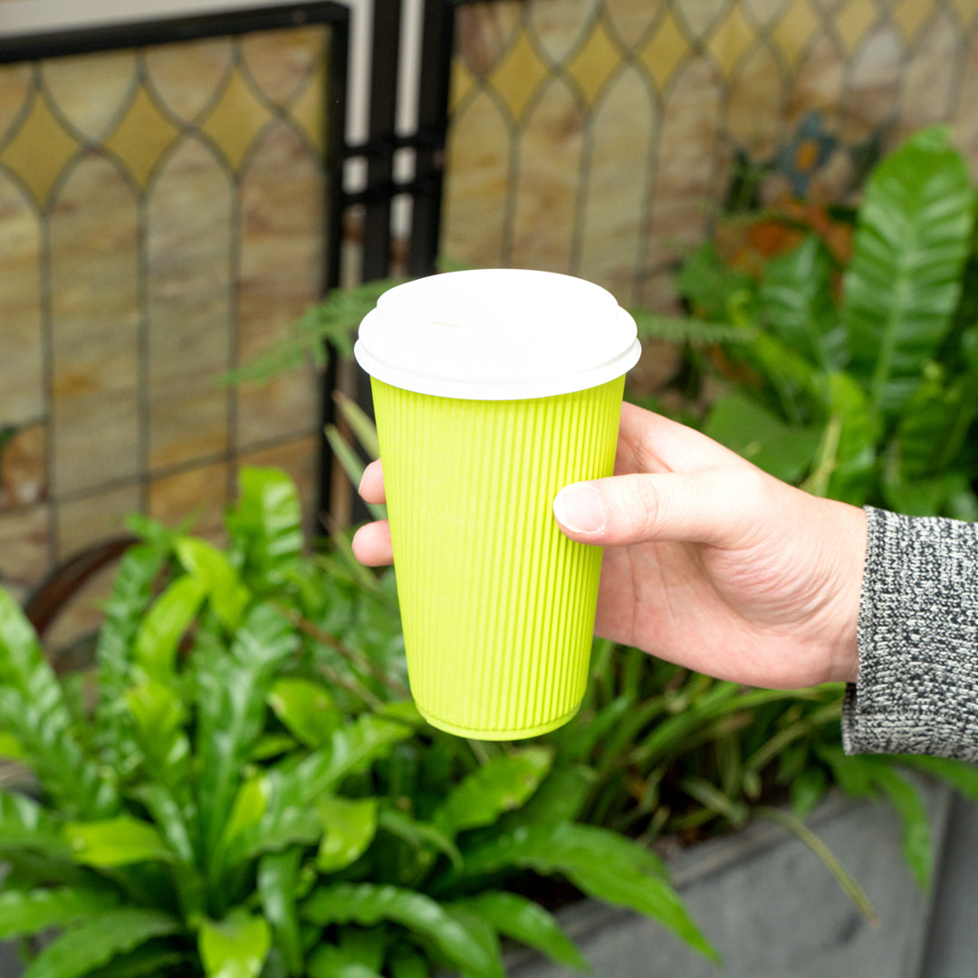 16 oz Eco-Friendly Recyclable Paper Ripple Wall Coffee Cups with White Lids - 20 Count Box (3.5