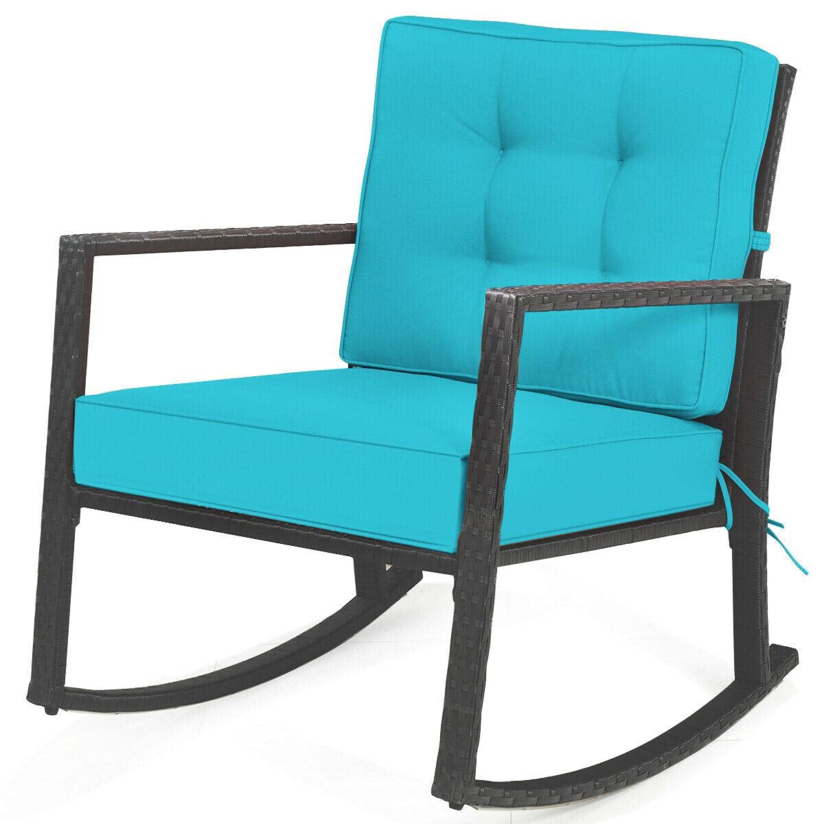 **Outdoor Rattan Rocking Chair with Turquoise Cushion - Patio Glider Wicker Rocker for Garden, Porch, or Camping - Comfortable Mikalo Chair for Relaxing & Lounging**