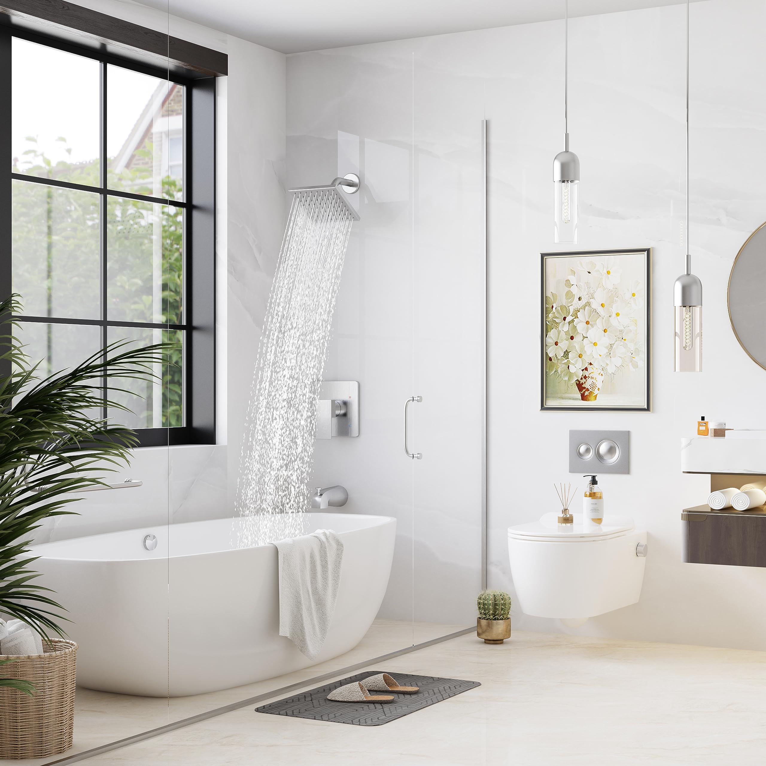 Esnbia Brushed Nickel Shower Tub Kit - Single-Handle Tub and Shower Faucet Set with 6-Inch Rain Shower Head & Tub Spout (Valve Included) - Perfect for Bathroom Renovation & Modern Home Upgrade