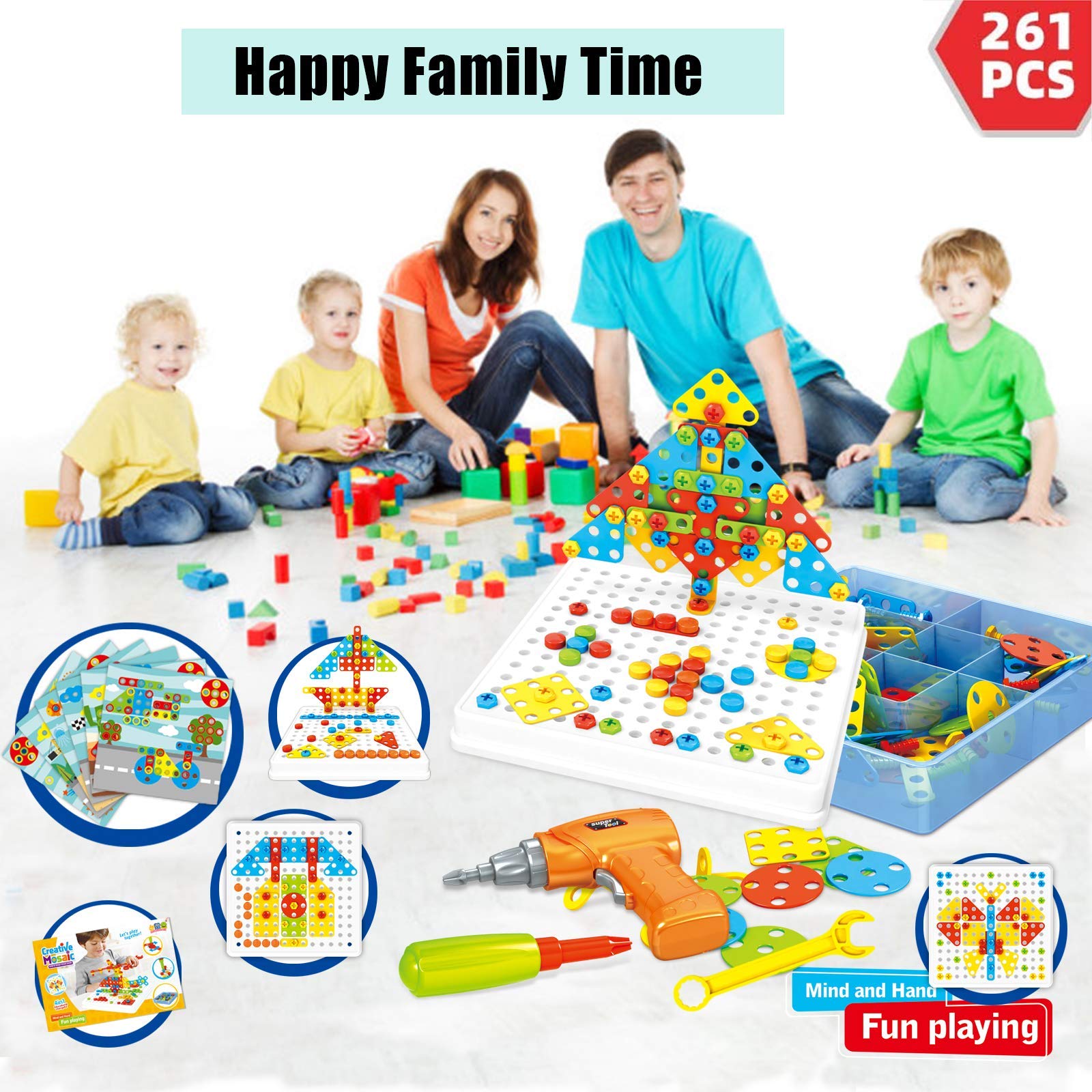 261 Pcs STEM Building Toys for Kids Ages 3-8 - 2 in 1 Educational Drill Puzzle & Button Art Set with Electric Toy Drill - Creative Learning Toys for Boys & Girls - Perfect for Classroom, Birthday Gifts & Family Bonding Activities