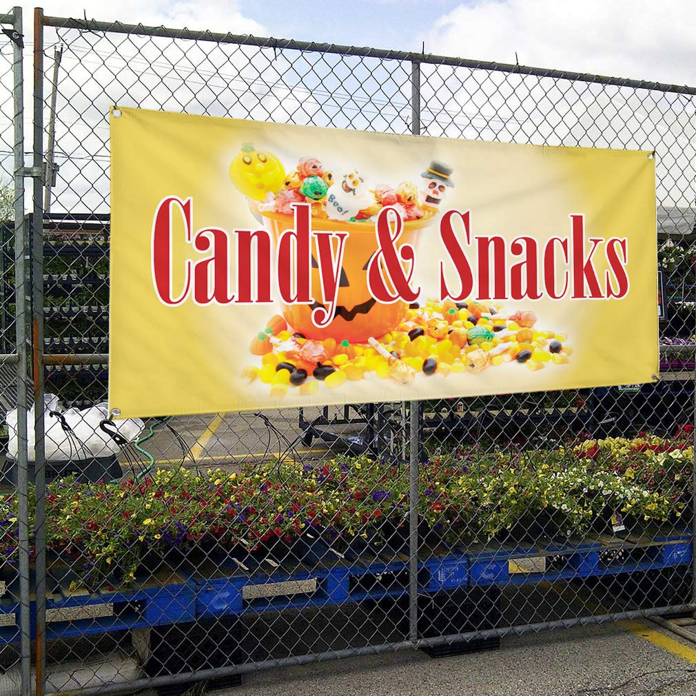 Durable Vinyl Banner for Candy & Snacks - Weatherproof Outdoor Sign for Restaurants, Cafes, Bars (48x96 Inches, Yellow, 8 Grommets) - Perfect for Business Advertising, Events, and Yard Signs