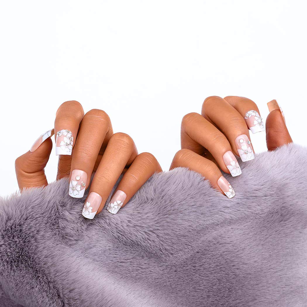 Sethexy 3D Rhinestone False Nails - 24Pcs Flower Wedding Acrylic Full Cover Fake Nails with Glitter Art Design for Women & Girls | Perfect for Bridal, Prom, Parties & Special Occasions