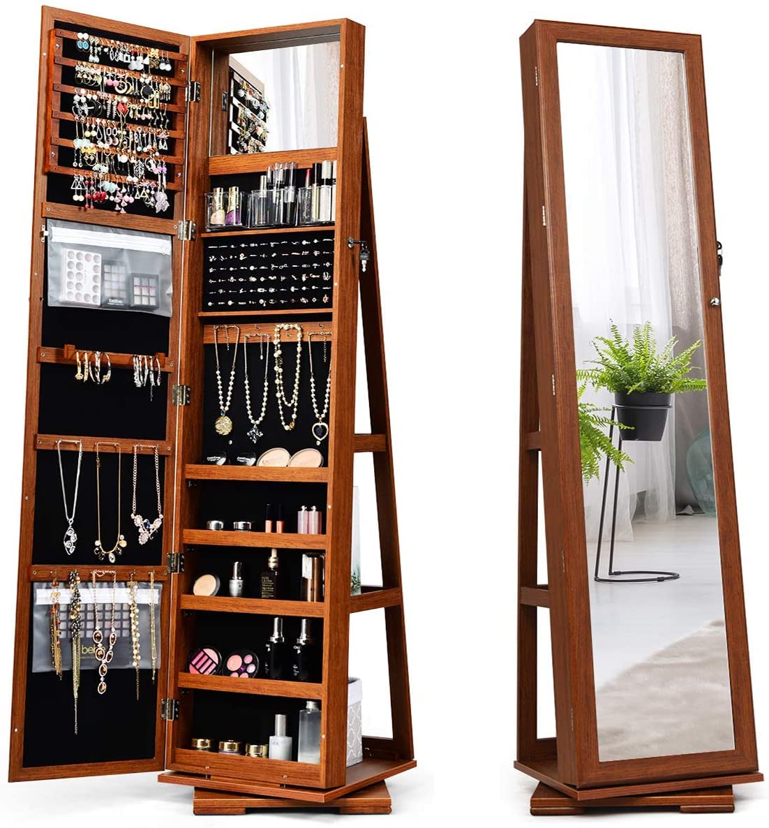 Byroce 360° Rotating Jewelry Organizer with Full Length Mirror - Lockable Jewelry Cabinet with Makeup Mirror & 3-Tier Shelves - Standing Jewelry Armoire for Bedroom & Dressing Room (Walnut)