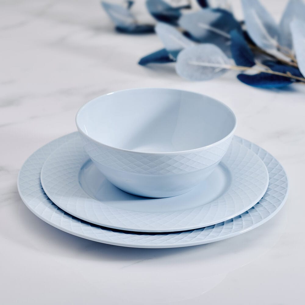 Trellis Misty Blue 12-Piece Dinnerware Set - Service for 4 - Elegant Porcelain Plates, Bowls & Mugs - Perfect for Family Dinners, Dinner Parties & Holiday Entertaining