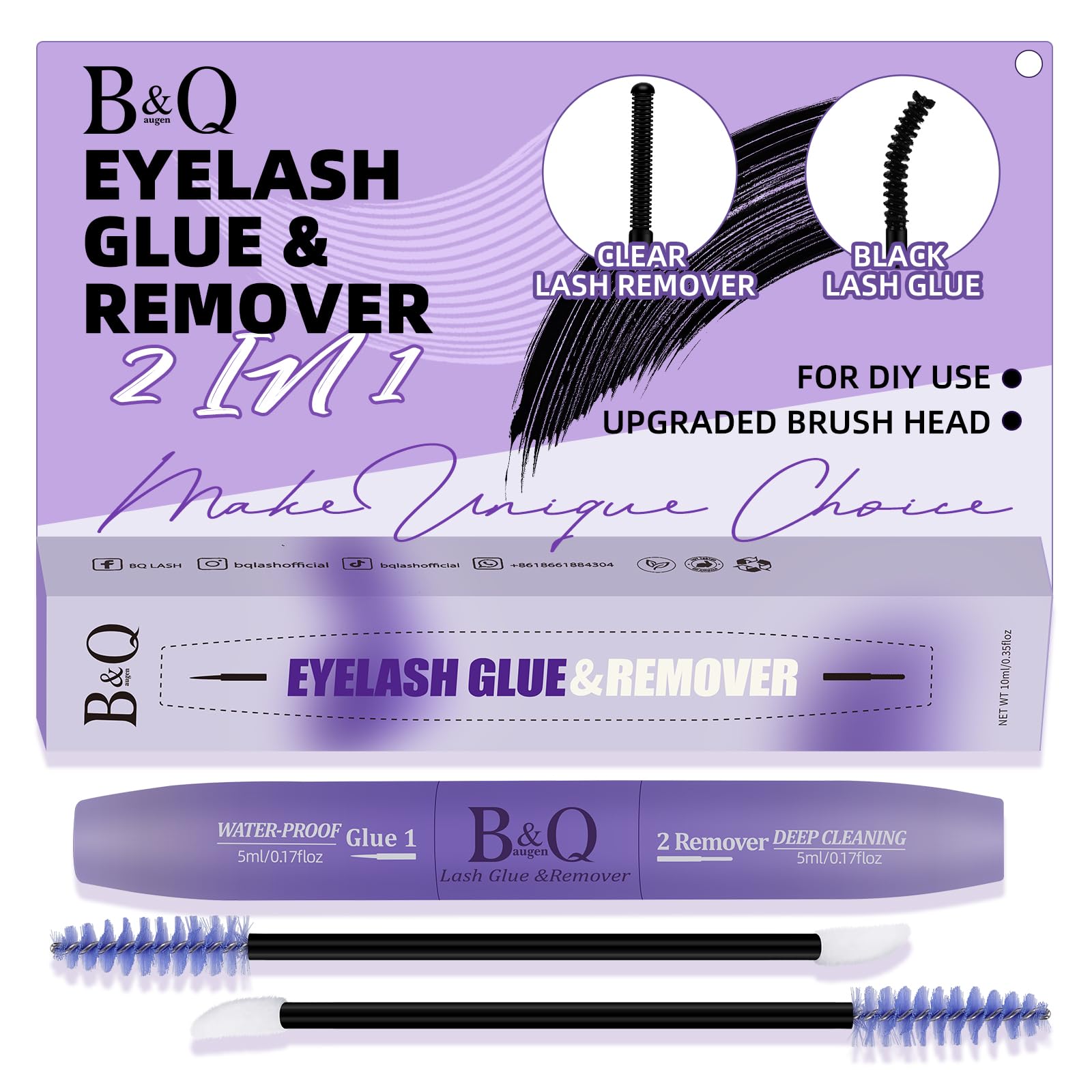 B&Qaugen Professional DIY Cluster Lash Extension Kit - 10ML Strong Hold Black Lash Glue & Clear Remover with Clean Brush | Waterproof Eyelash Bond for Natural Look | Perfect for Daily Wear, Parties & Special Occasions