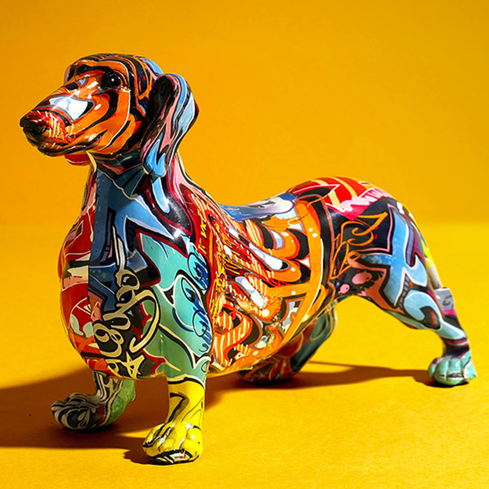 Colorful Dachshund Dog Figurine - Hand-Painted Modern Desktop Decor, Unique Home & Office Ornament for Animal Lovers | Perfect for Bookshelf, Coffee Table, or Gift Idea
