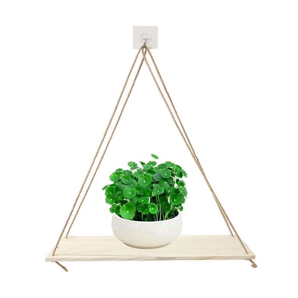 Qiuqiu Wooden Floating Shelves with Hanging Rope - Wall Mounted Swing Flower Pot Storage Rack for Home Decor - Natural Wood Color - Perfect for Living Room, Bedroom & Kitchen Organization