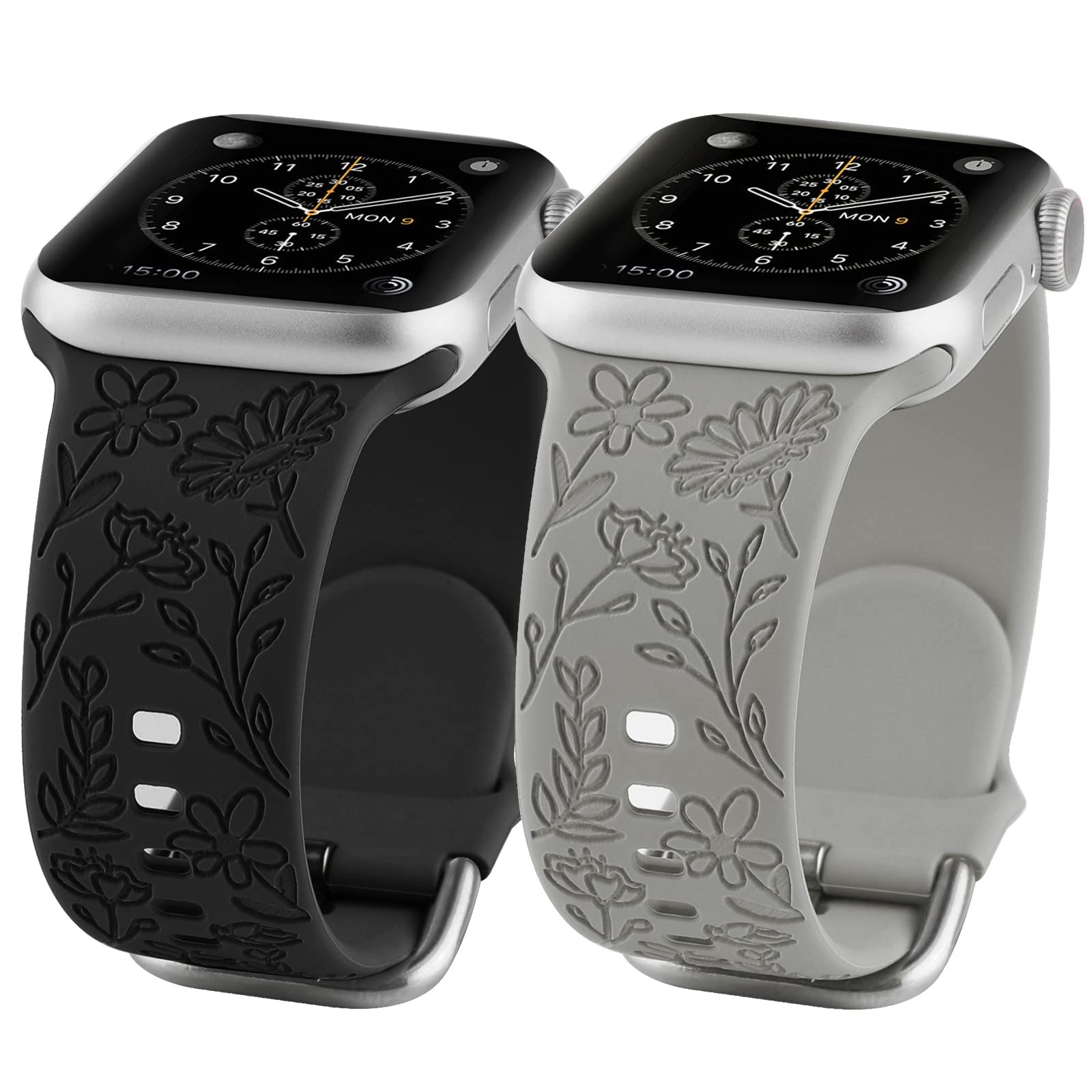 2 Pack Floral Engraved Sport Strap for Apple Watch 38mm 40mm 41mm - Soft Silicone Replacement Band Compatible with iWatch Series 8/7/6/5/4/3/2/1/SE - Women's Fashion Wristband for Workout, Running & Daily Wear