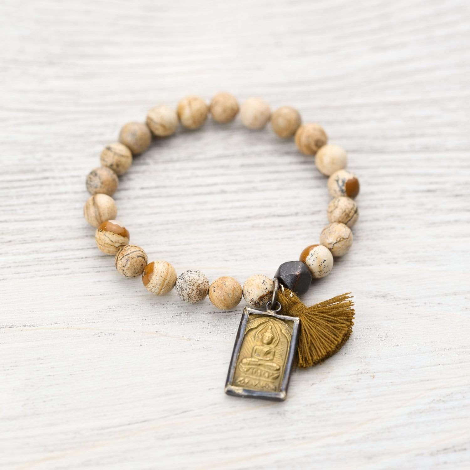 Grounding Picture Jasper Wrist Mala Beads - Natural Stone Meditation Bracelet for Stress Relief & Spiritual Healing | Yoga, Mindfulness & Energy Balancing Accessory