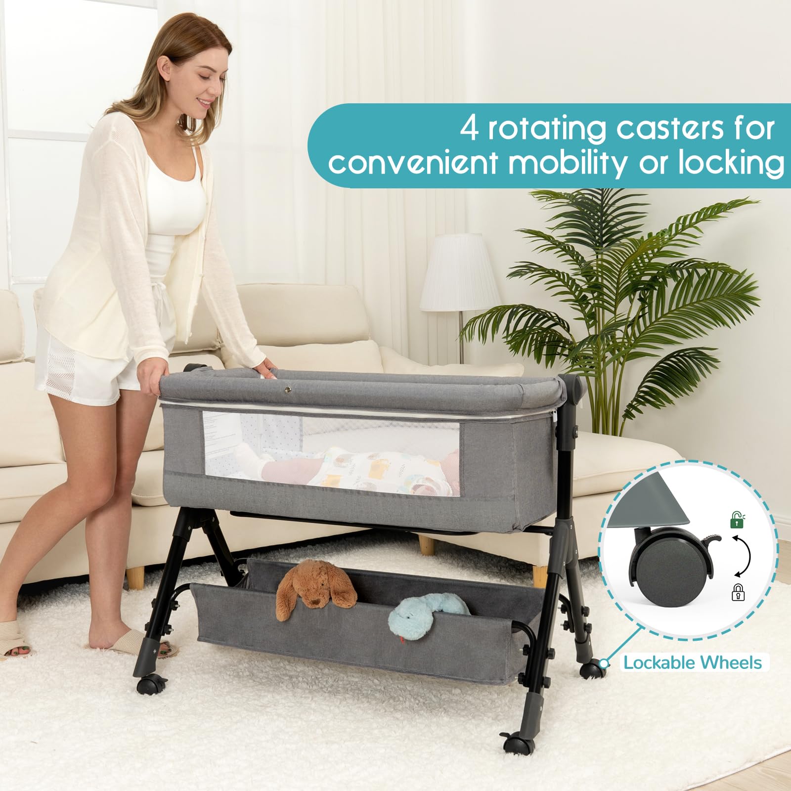 3 in 1 Adjustable Baby Bassinet Bedside Sleeper with Wheels, Storage Basket & Mattress - Portable Folding Crib for Newborns - Easy Assembly Nursery Essential for Co-Sleeping & Travel (Grey)
