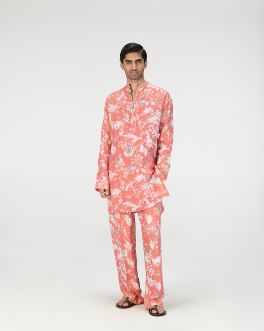 Men's Linen Kurta in Coral - Comfortable & Breathable Traditional Indian Attire for Festivals, Weddings & Casual Wear