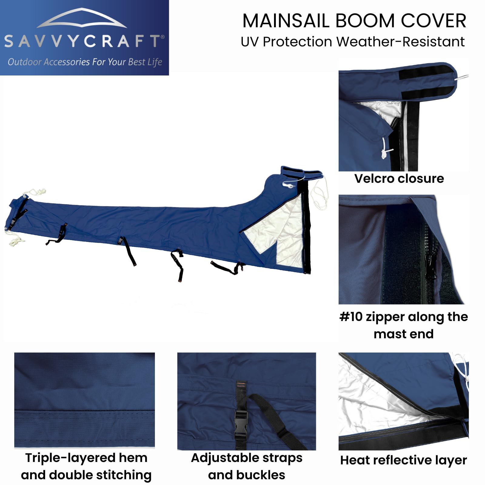 SavvyCraft Heavy Duty 600D Waterproof Sailboat Mainsail Boom Cover - UV Protection & Weather-Resistant for 10'-11' Boom - Navy Blue | Perfect for Sailboat Protection & Marine Use