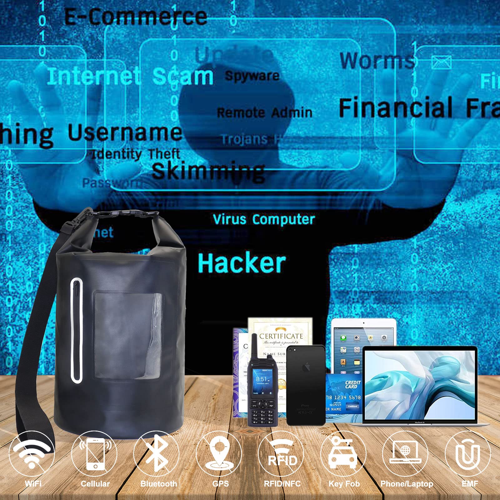 15L Faraday Bag with Waterproof Phone Pouch - Signal Blocking Faraday Cage for Anti-Theft & Anti-Tracking - RFID GPS Key Fob Protector - Waterproof Dry Bag for Camping, Travel & Emergency Preparedness