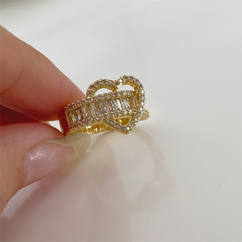 Wide Band Zircon Gold Heart Ring for Women | Elegant 925 Sterling Silver Jewelry Gift for Valentine's Day, Anniversary & Special Occasions | A8546
