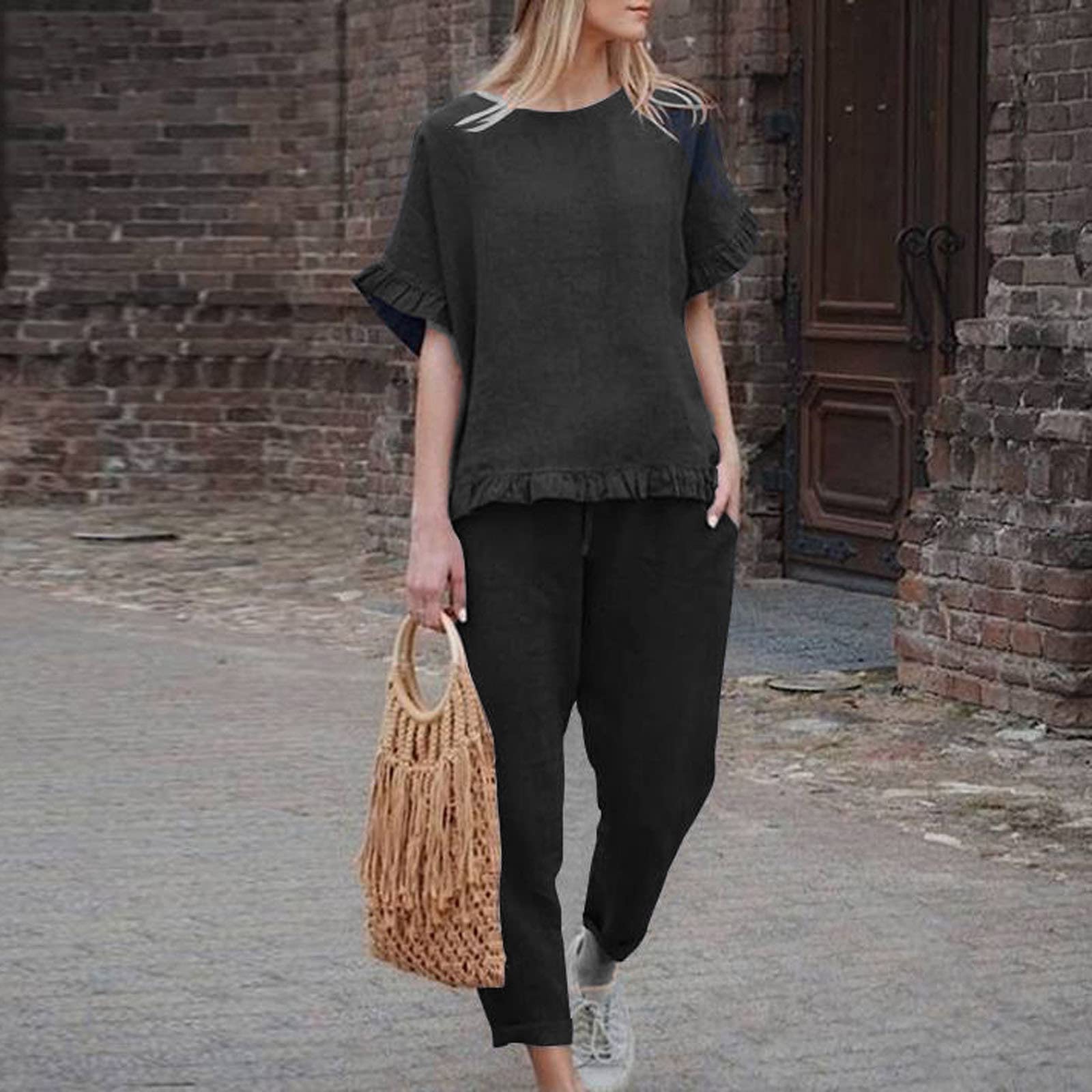 Cozy Women's 2-Piece Knit Lounge Set - Soft Black Loungewear Outfit for Relaxing at Home, Brunch Dates & Casual Wear | Comfortable French Terry Jumpsuit Alternative