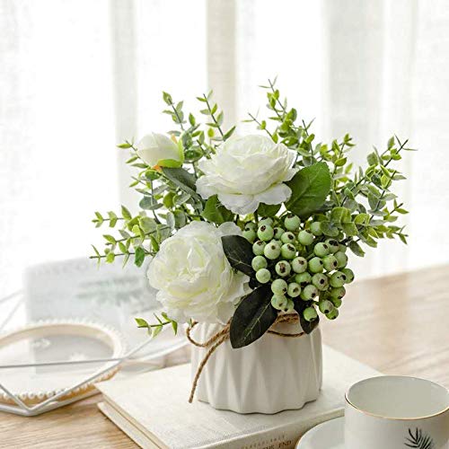 NAWEIDA Artificial Silk Roses with Small Ceramic Vase - Fake Eucalyptus Leaves & Berries Flower Arrangement for Home Decor (White) | Perfect for Table Centerpieces, Wedding Decor, Office & Living Room Decoration