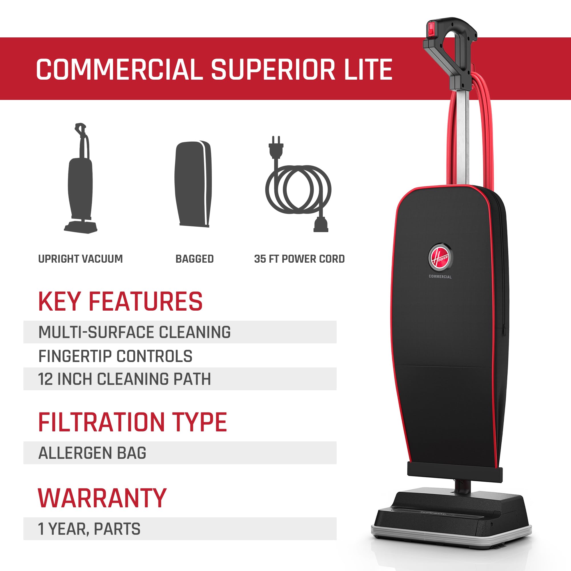 Hoover Commercial CH50200 Superior Lite Upright Vacuum Cleaner - Professional Bagged Pro Grade for Carpets & Hard Floors - Office, Home & Commercial Cleaning - Black