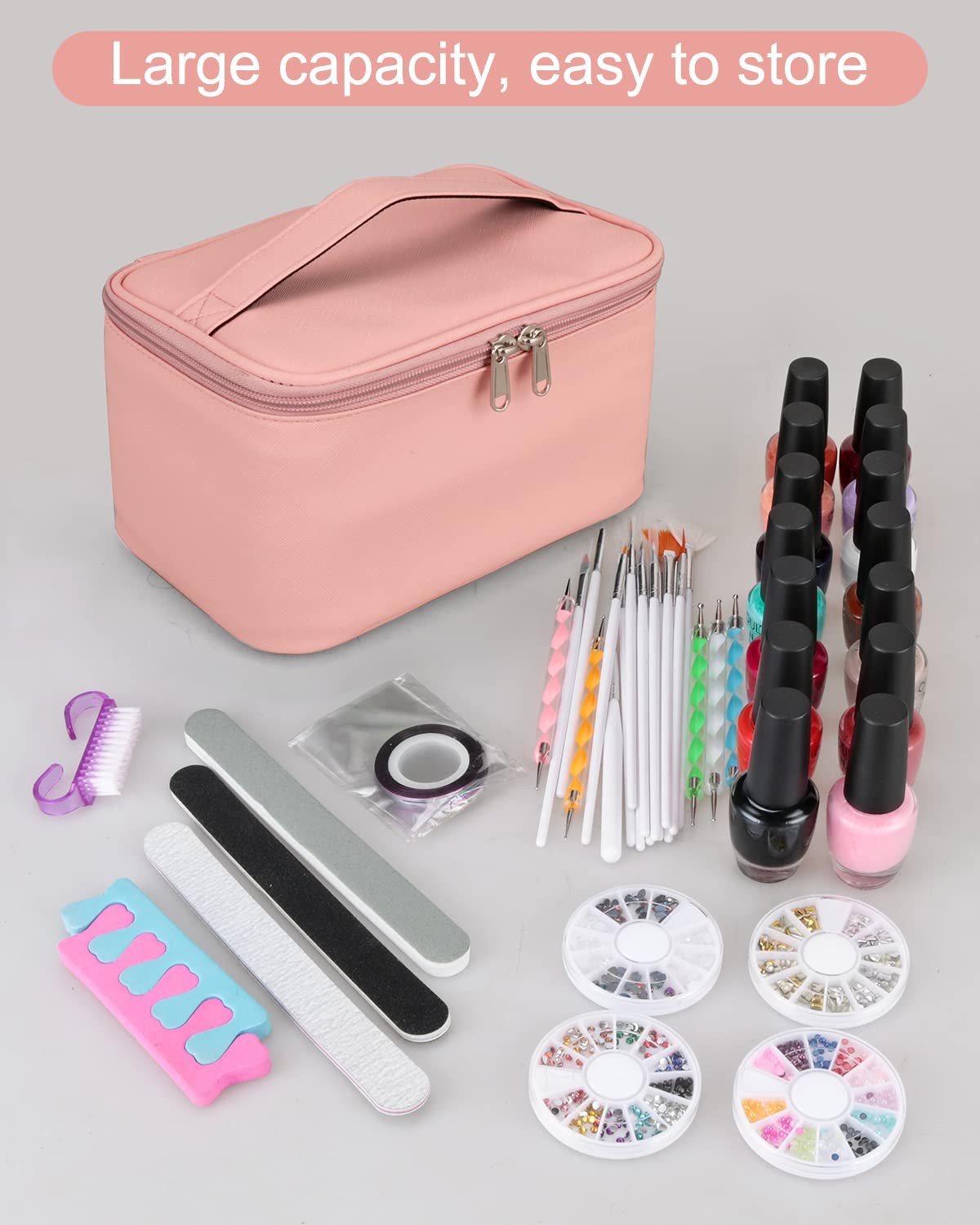 Professional Nail Polish Organizer Bag with Compartments - Nail Art Set Travel Case for Manicure Tools & Accessories, Portable Pink Nail Polish Holder for Salon, Home & Travel Use