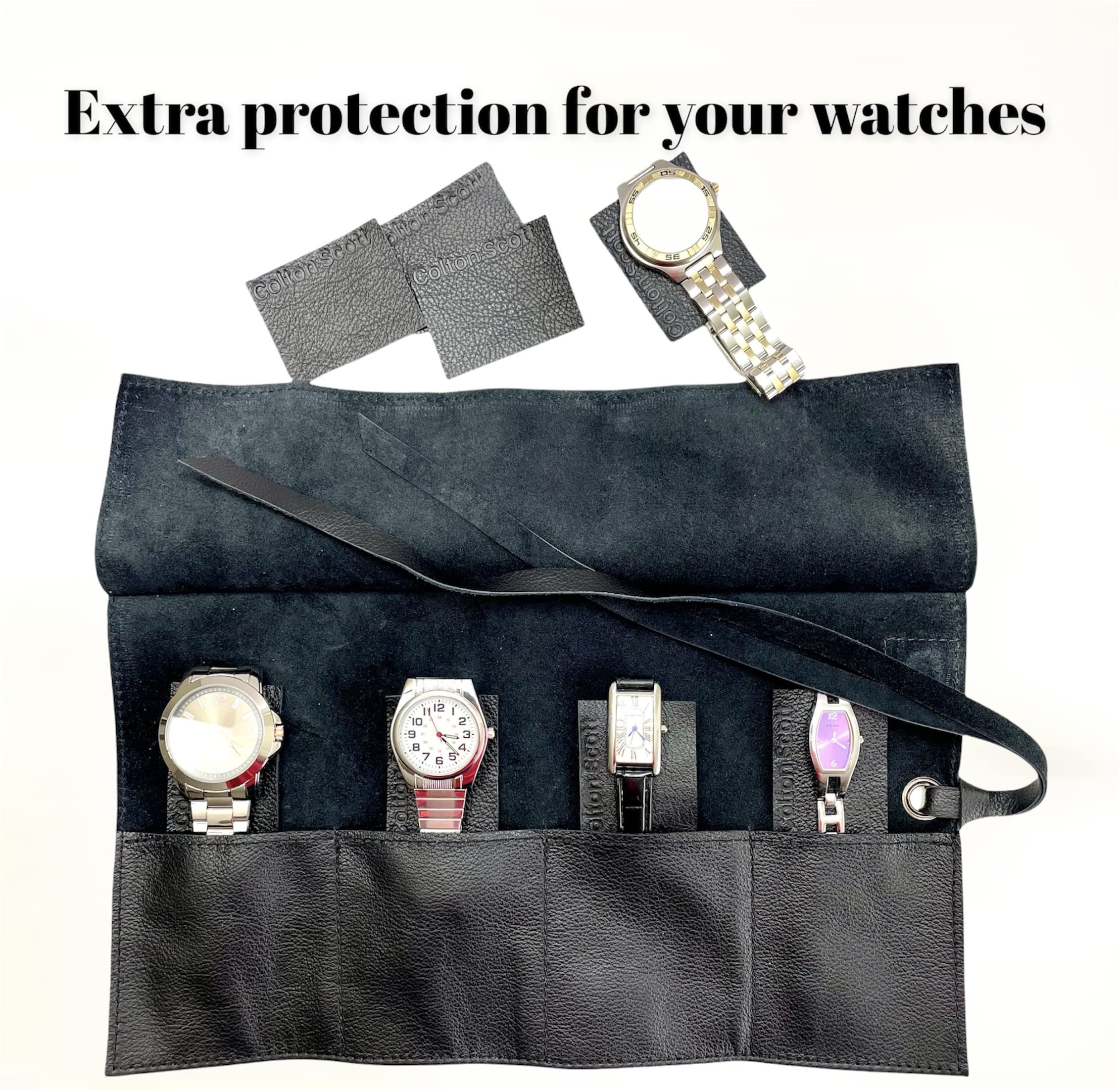 Premium Leather Travel Watch Roll Organizer - Handmade in USA with Genuine Italian Leather - Holds 4 Watches - Perfect Gift for Watch Enthusiasts - Ideal for Travel, Storage & Watch Collection Display (Black)