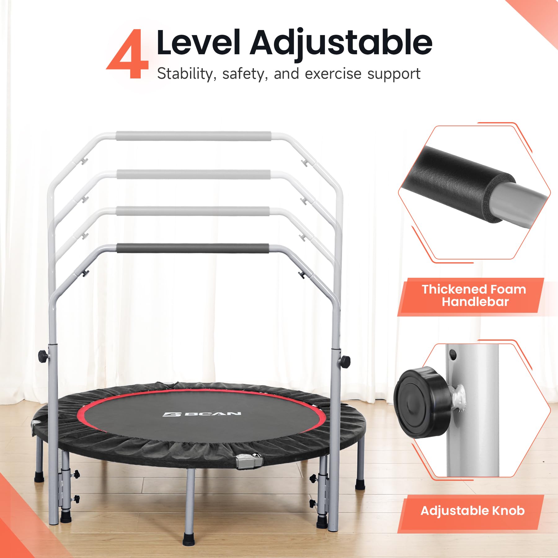BCAN 40/48 Inch Foldable Mini Trampoline for Adults - 330/440 lbs Weight Capacity, Adjustable Foam Handle Fitness Rebounder - Indoor & Outdoor Exercise Equipment for Home Gym, Garden Workout, Cardio Training