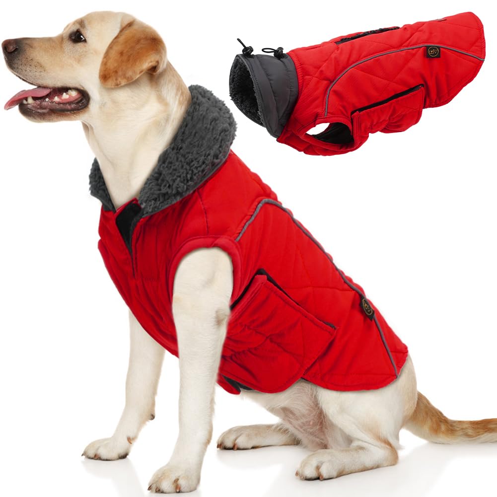 EMUST Windproof Winter Dog Coat - Warm Puppy Jacket with High Collar & Reflective Strips for Small Dogs in Cold Weather (Red, Size S) - Perfect for Outdoor Walks, Hiking & Winter Adventures