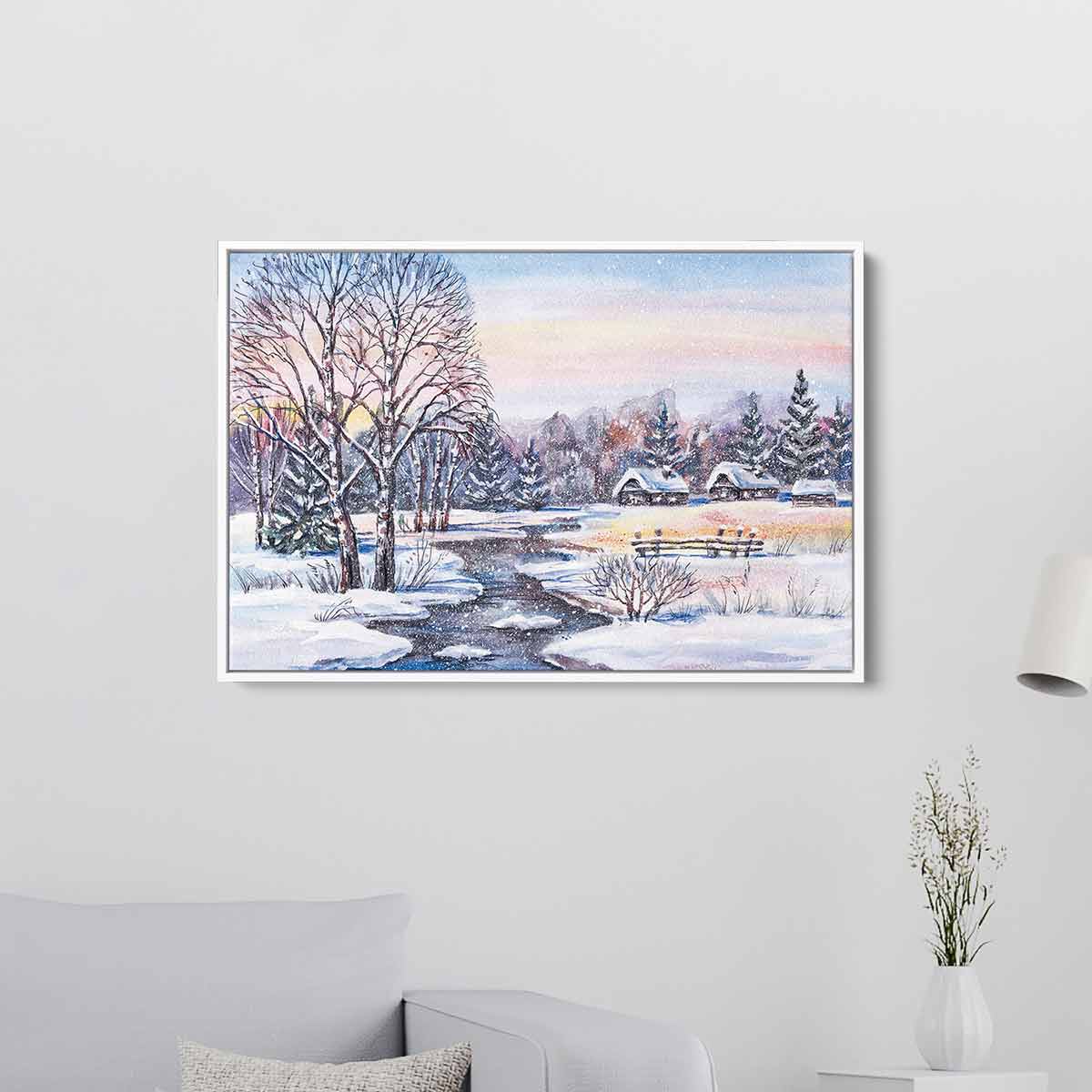 White Winter Village Wall Art Canvas Print - 6944 - Perfect for Living Room, Bedroom & Holiday Decor