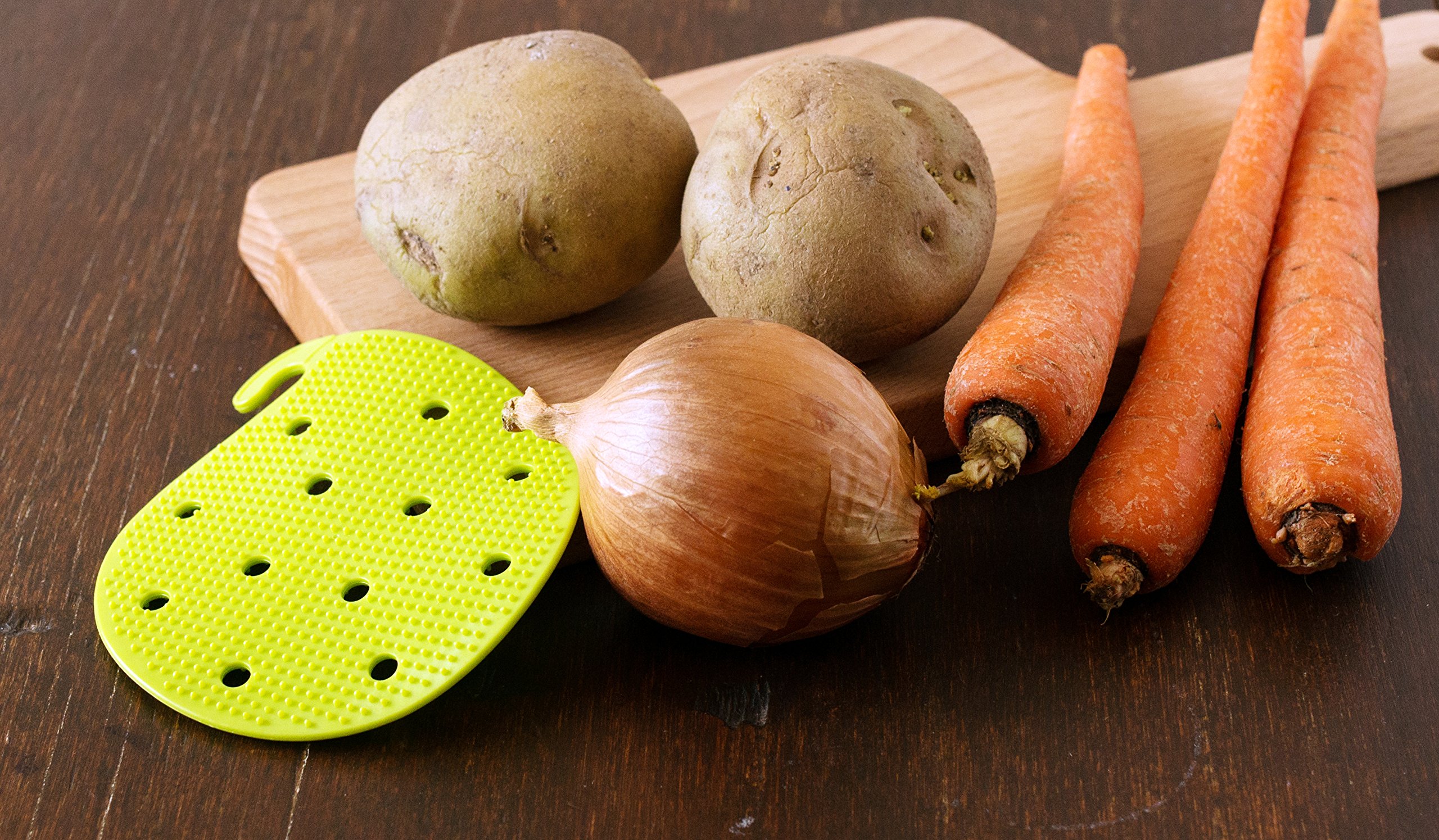 Double Sided Vegetable Scrubber Brush - Multi-Purpose Fruit & Potato Cleaner, Carrot Scrubber, Jar Opener & Trivet by Cestari Kitchen - Perfect for Organic Produce, Meal Prep & Kitchen Organization