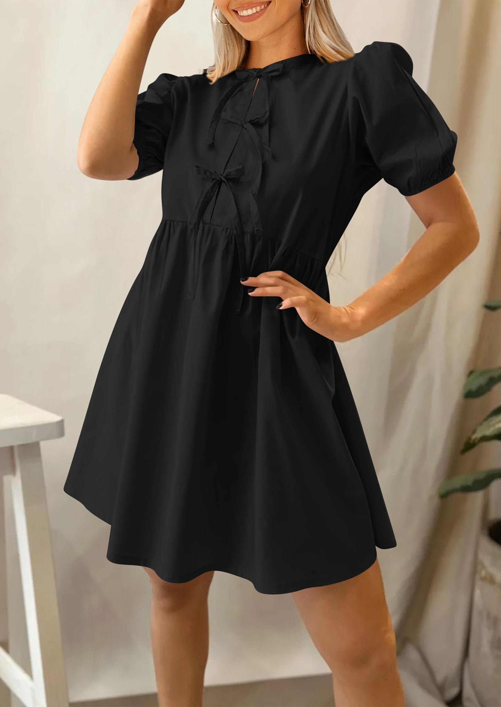 PRETTYGARDEN Women's Summer Casual Short Sleeve Dress - A-Line Bow Tie Front Babydoll Mini Dress with Pockets | Loose Fit Cute Flowy Dress for Beach, Vacation & Daily Wear