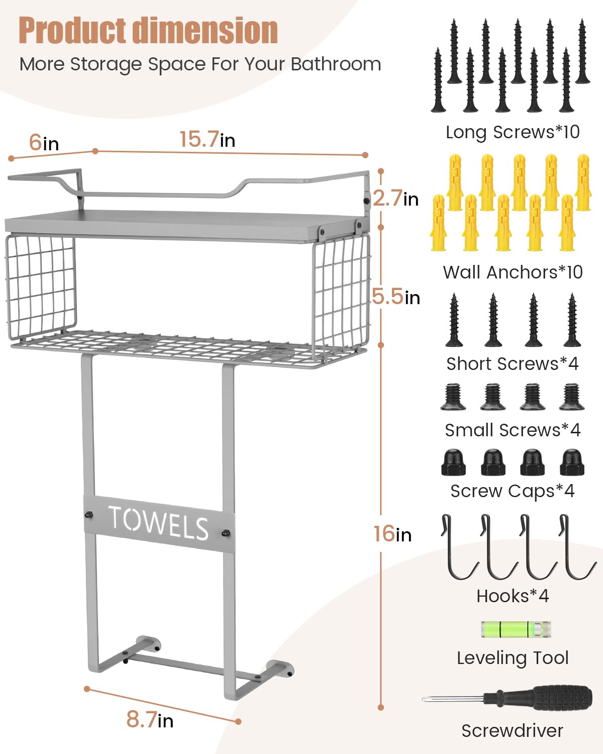 Wall Mounted Bathroom Towel Rack Set - Wooden Vertical Towel Holder & Shelf Organizer for Small Bathrooms, Grey Bath Wall Decor (Perfect for Above Toilet Storage & Rolled Towel Organization)
