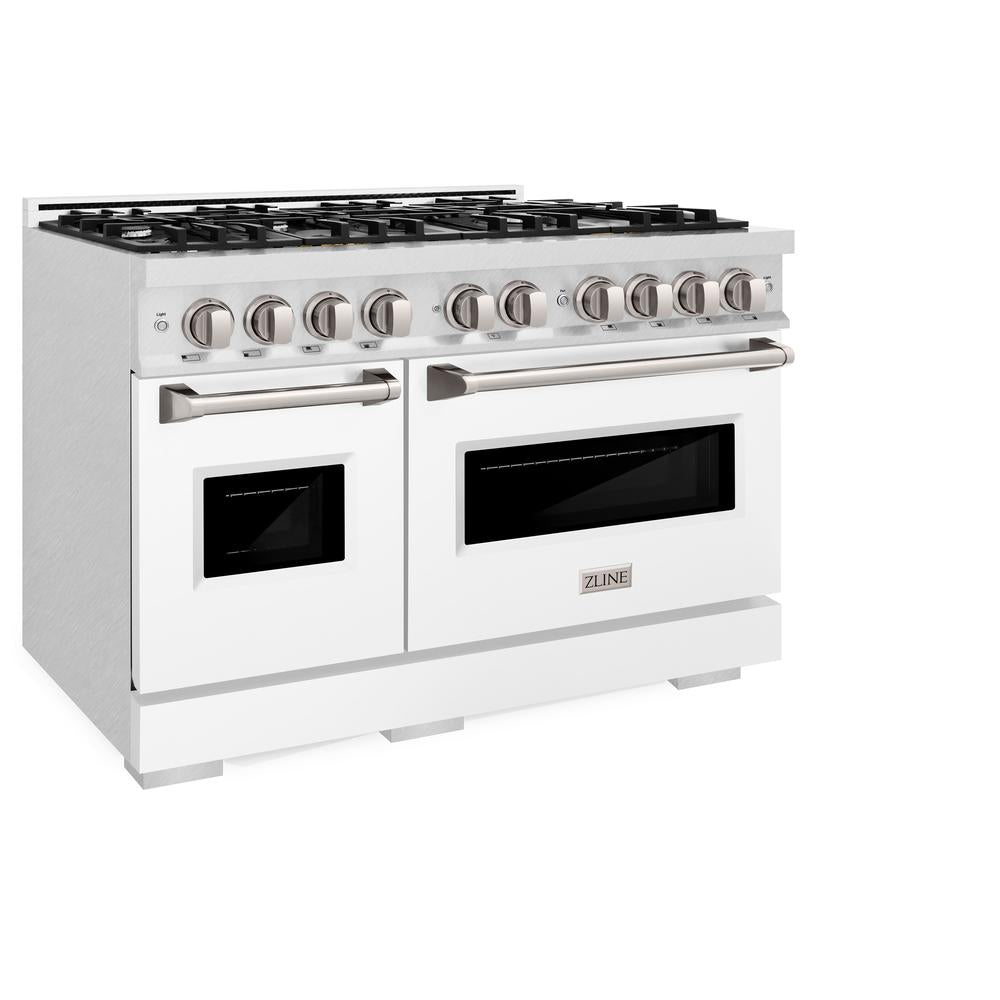 ZLINE 48-Inch 6.7 cu. ft. Dual Fuel Range with 8-Burner Gas Cooktop - Satin Stainless Steel & White Matte Doors (CDRS WM 48) - Perfect for Large Kitchens & Professional Cooking