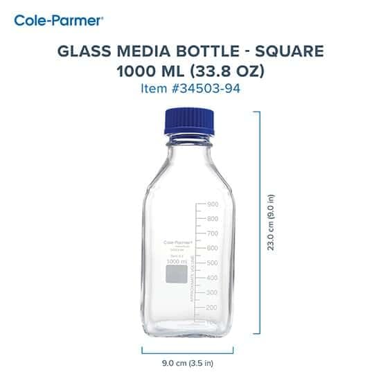 Cole-Parmer Class A Square Glass Media Bottles 1000ml with 100mL Graduation - Ideal for Laboratory Storage, Chemical Mixing & Scientific Experiments