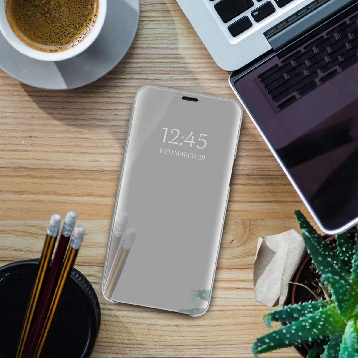 Premium Leather Flip Case for Samsung Galaxy S22+ Plus 5G - Clear View with Makeup Mirror & Kickstand | Shockproof Protective Cover for Women | Perfect for Work, Travel & Daily Use