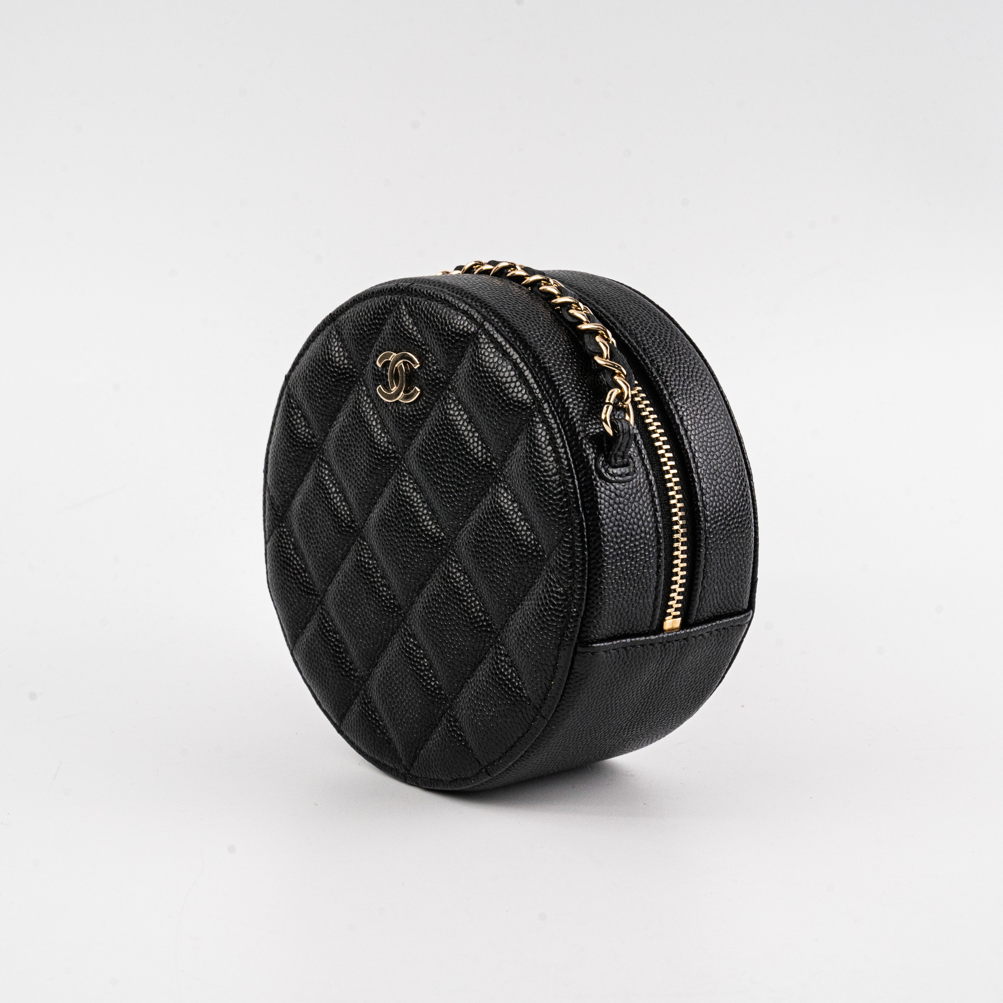 Chanel Mini Round Caviar Leather Crossbody Bag - Black Luxury Handbag for Women | Perfect for Evening Parties, Date Nights & Special Occasions