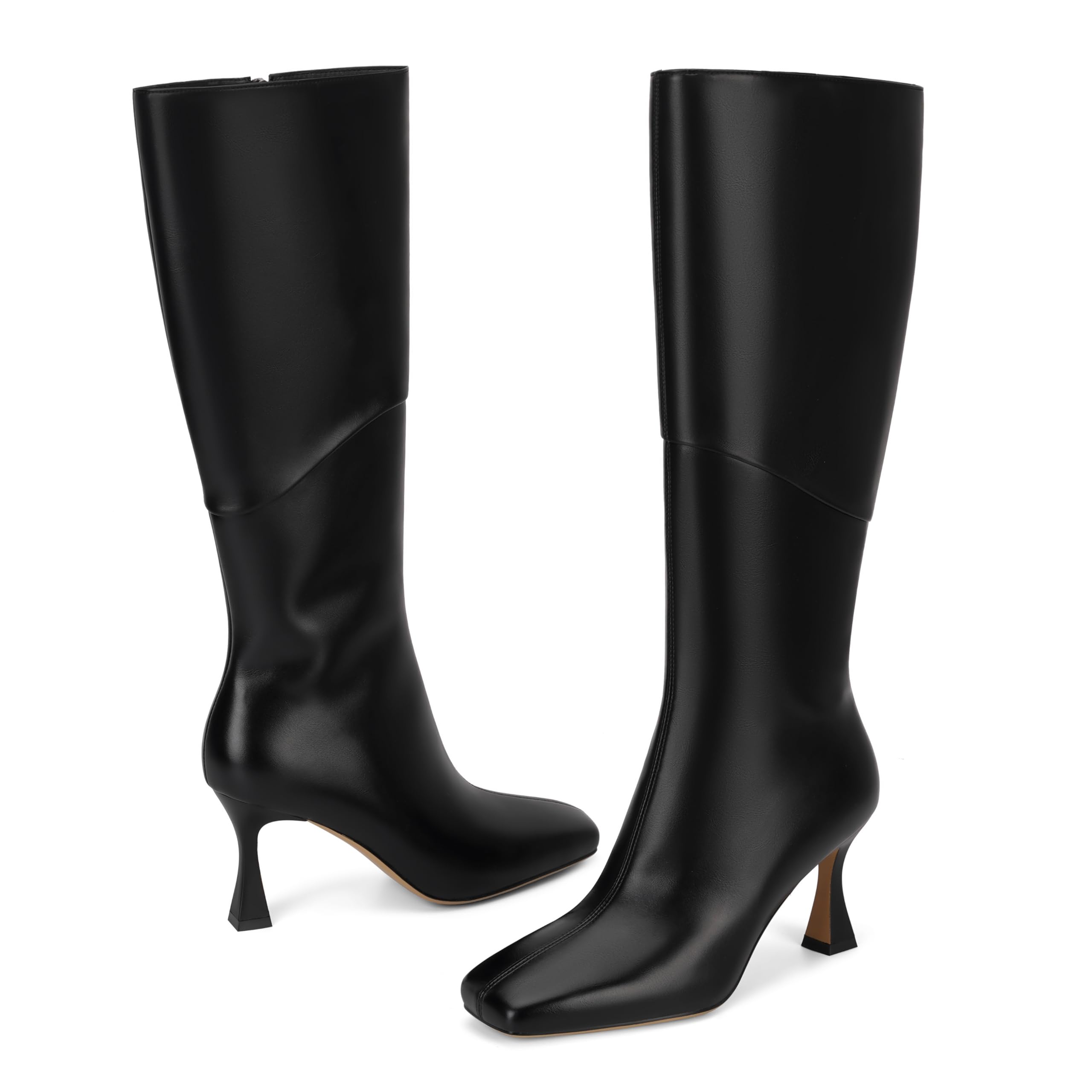 DOEYG Women's Black Leather Knee High Boots - Kitten Heel Square Toe Stiletto Heels Dressy Fashion Boots with Side Zipper | Perfect for Office, Party & Winter Outfits