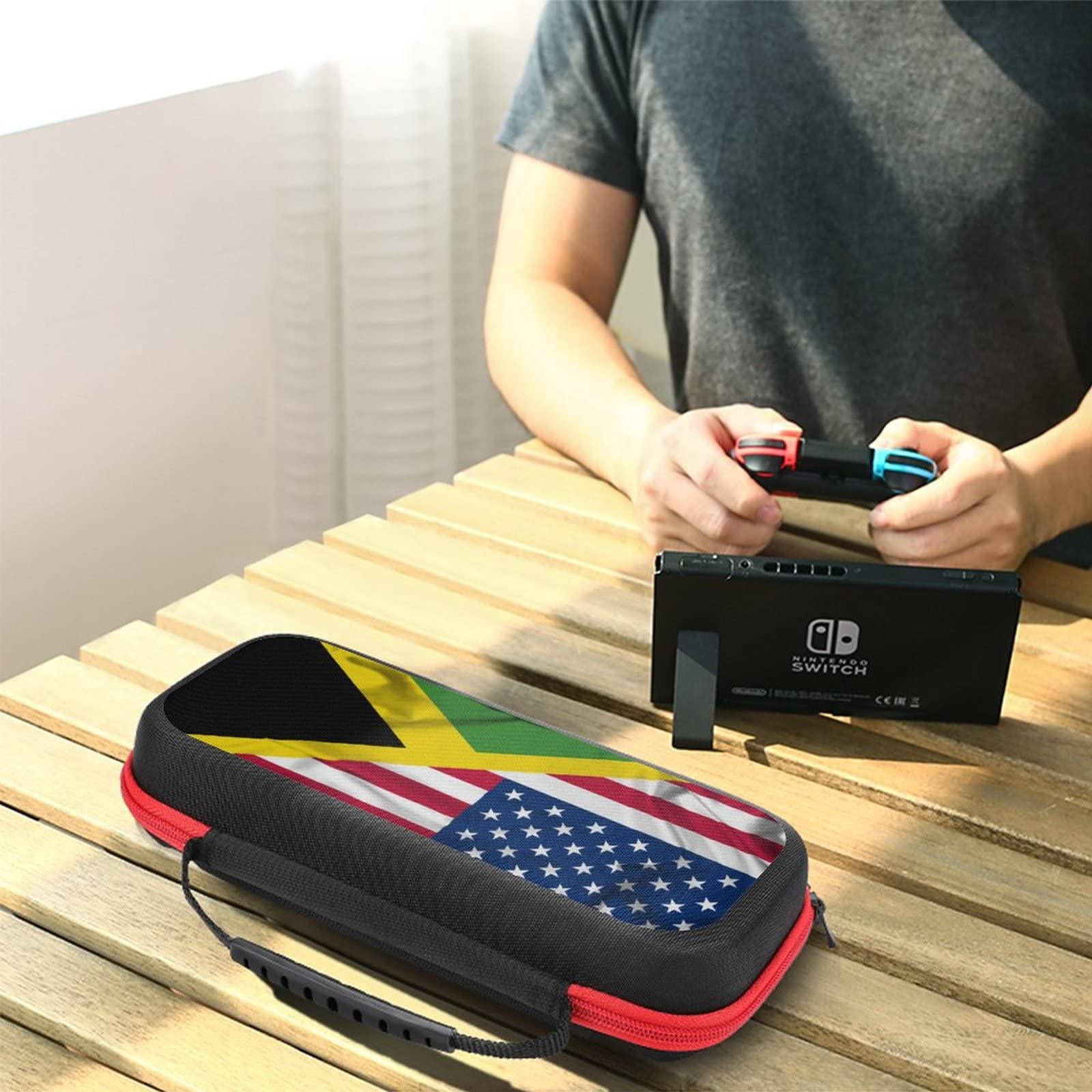 Jamaica and USA Waving Flag Nintendo Switch Carrying Case - Portable Travel Cover with 20 Game Card Slots - Perfect for Gaming On The Go, Travel Accessories & Switch Protection
