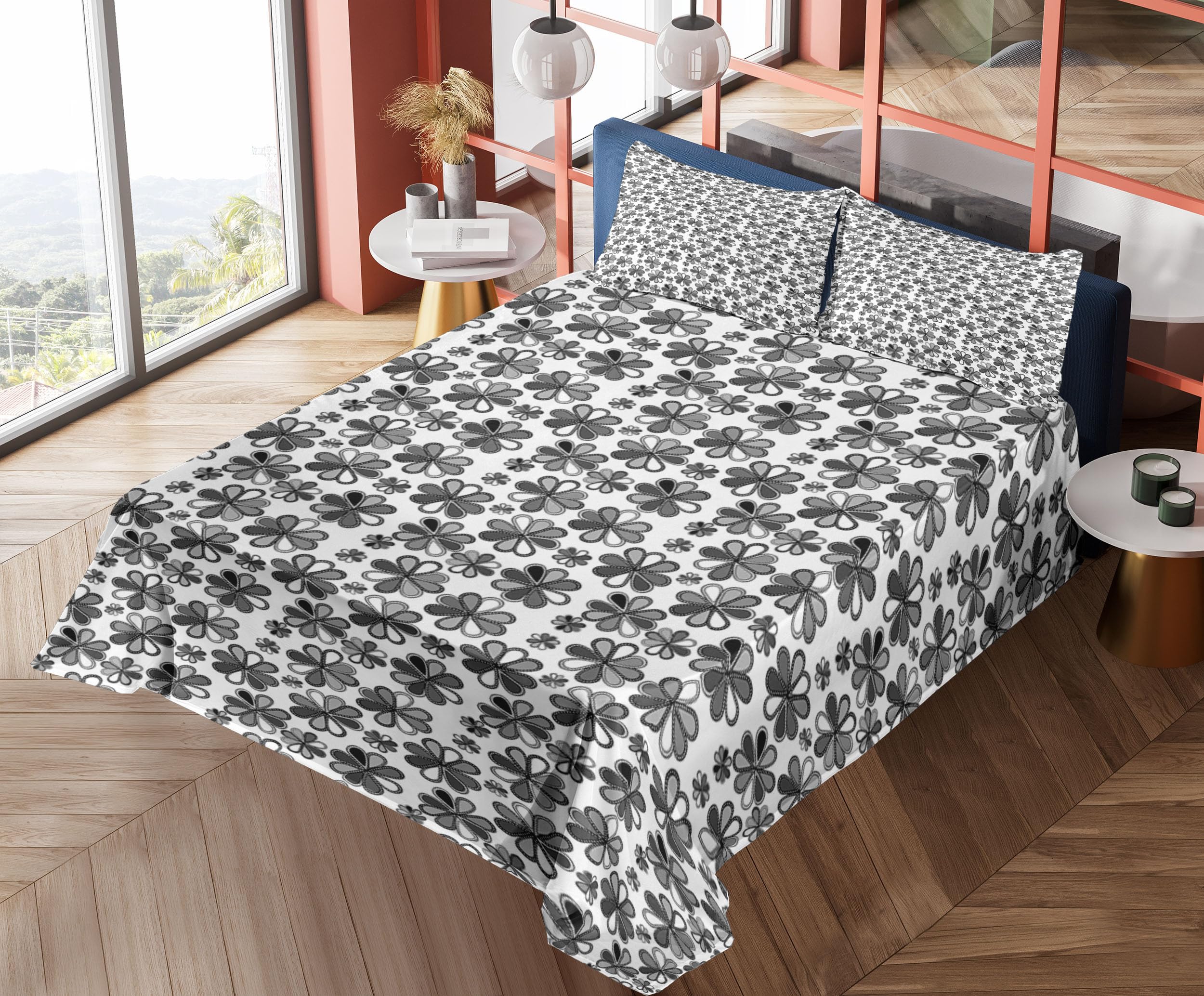 Ambesonne Floral Sheet Set - Grey Dark Grey King Size 4-Piece Bedding with Retro Petals Doodle Design | Fitted Sheet, Flat Sheet & Pillowcases | Perfect for Master Bedroom, Guest Room & Cozy Home Decor