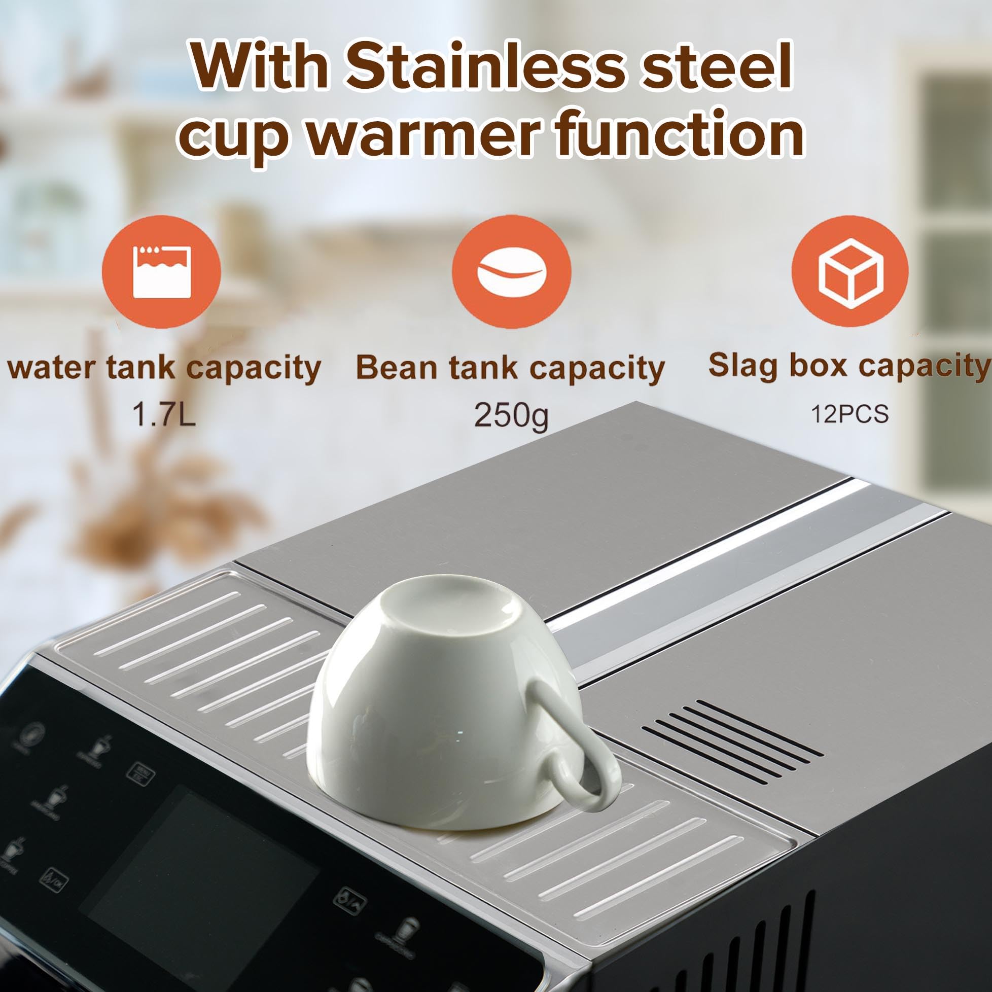 Fully Automatic Espresso Machine with Built-in Grinder - 19 Bar Pressure, Smart Touch Screen, 20 Cup Capacity - Perfect for Espresso, Americano & Long Coffee - Stainless Steel Silver Finish - Ideal for Home, Office & Coffee Shop Use