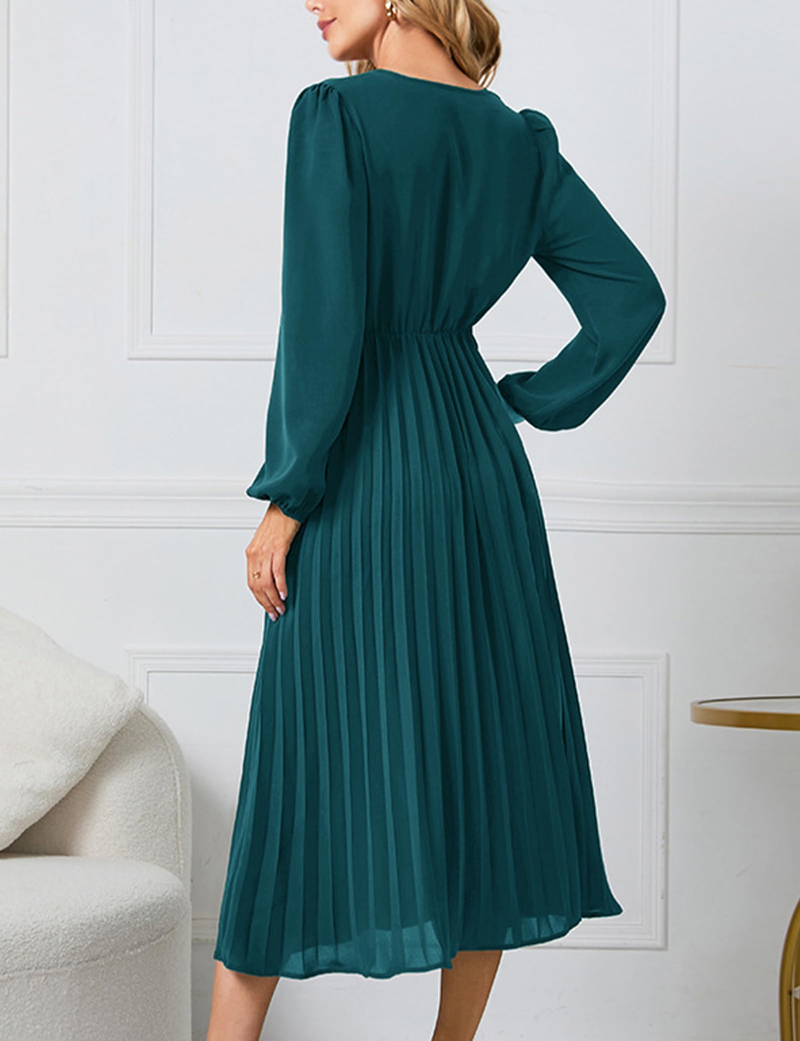 SDEER Women's Casual Midi Dress - V Neck Long Sleeve Pleated High Waist Flowy Dress for Wedding Guest, Party, Office & Daily Wear | Elegant & Comfortable Outfit for Special Occasions