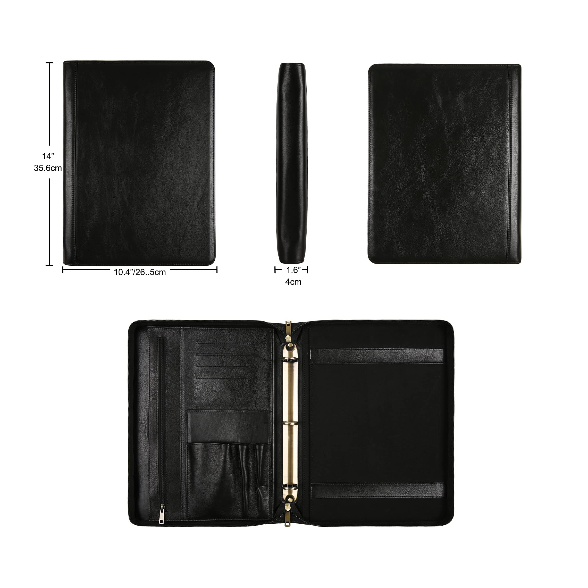 Premium Handmade Leather Portfolio Padfolio - 3 Ring Binder Organizer for Women & Men | Custom Personalized Notebook for iPad & Laptop | Business Meetings, Office Work & Professional Presentations (Black)