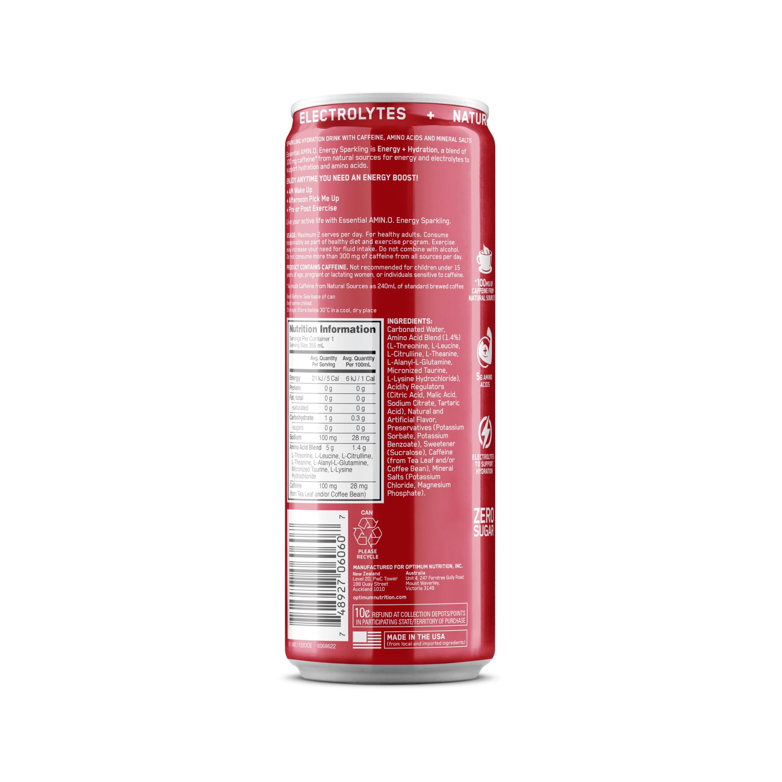 Optimum Nutrition Amino Energy Sparkling Hydration Drink with Electrolytes, Caffeine & BCAAs - Sugar Free Juicy Strawberry Flavor, 12 Fl Oz (12 Pack) - Perfect for Workouts, Recovery & On-the-Go Hydration