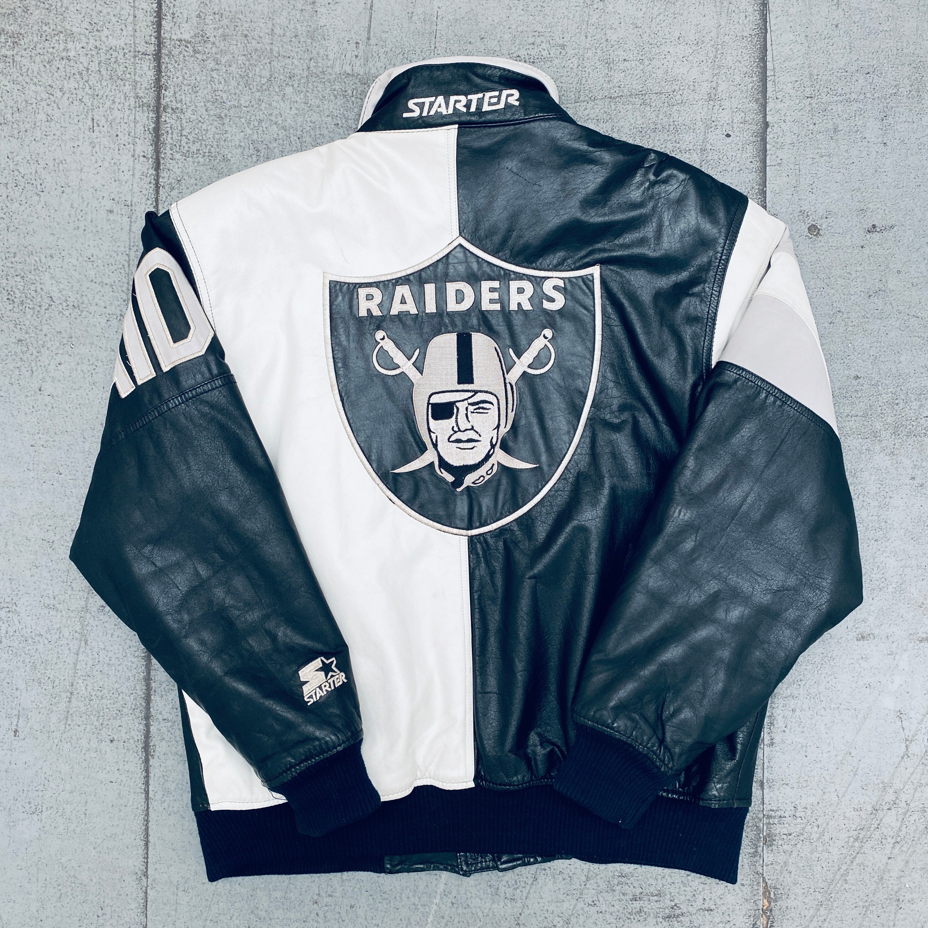 1990s Oakland Raiders Leather Full-Zip Split Back Starter Jacket - Size Large - Vintage NFL Football Fan Apparel for Game Day & Casual Wear