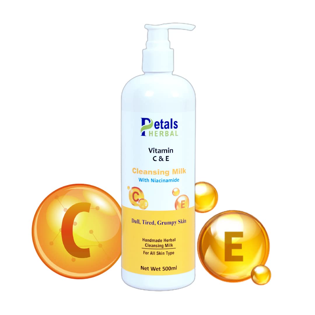 Petals Herbal Vitamin C & E Cleansing Milk 500ml - Deep Cleansing Face Wash, Dirt & Oil Removal for Soft, Supple Skin | Daily Skincare Routine, Makeup Remover, Morning & Night Facial Cleanser