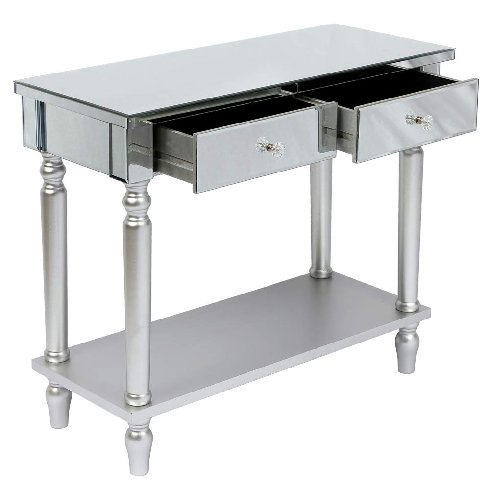 2 Tier Premium Mirrored Console Table with 2 Drawers - Silver Entryway Table for Hallway, Living Room & Bedroom Decor