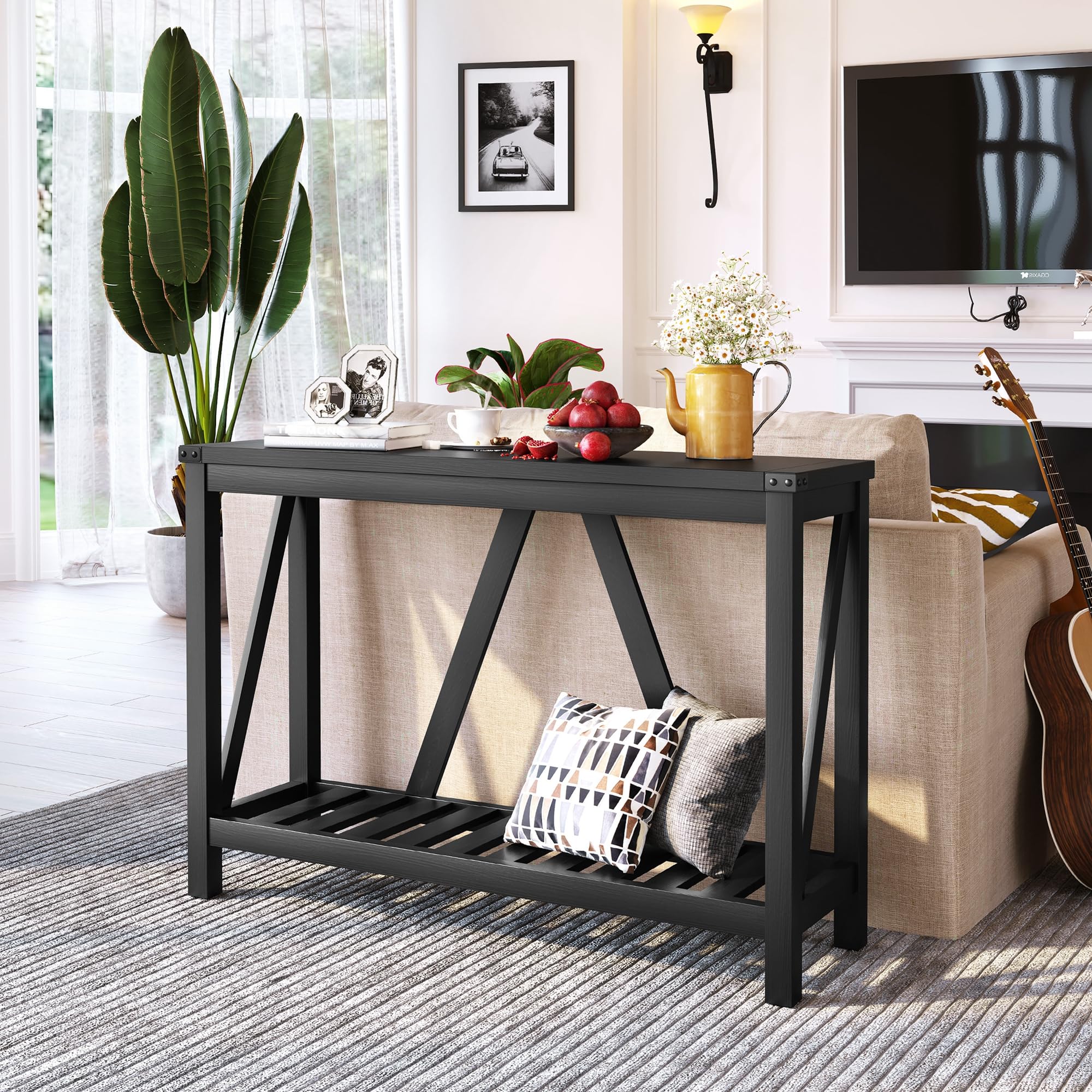 Farmhouse Style Wooden Entryway Console Table with Storage Shelves - Rustic Sofa Table for Living Room, Hallway, Foyer - Black Finish (1PC) - Perfect for Small Space Organization & Home Decor