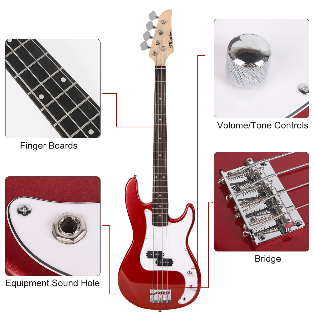 4-String Electric Bass Guitar Full Size PB-Style Beginner Kit with Gig Bag, Strap & Cable - Perfect for Beginners, Practice & Live Performances (Black/Red)